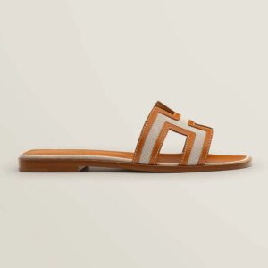 Hermes Women Oran Sandal in Calfskin and H Canvas with Iconic H Cut-Out-Brown