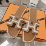 Hermes Women Oran Sandal in Calfskin and H Canvas with Iconic H Cut-Out-Brown - Image 2