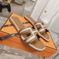 Hermes Women Oran Sandal in Calfskin and H Canvas with Iconic H Cut-Out (1)