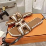 Hermes Women Oran Sandal in Calfskin and H Canvas with Iconic H Cut-Out-Brown - Image 5