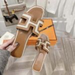 Hermes Women Oran Sandal in Calfskin and H Canvas with Iconic H Cut-Out-Brown - Image 4