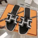 Hermes Women Oran Sandal in Calfskin and H Canvas with Iconic H Cut-Out-Black - Image 2