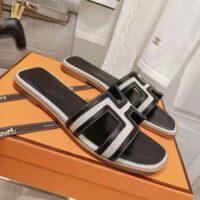 Hermes Women Oran Sandal in Calfskin and H Canvas with Iconic H Cut-Out-Black (1)