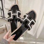 Hermes Women Oran Sandal in Calfskin and H Canvas with Iconic H Cut-Out-Black - Image 3