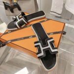 Hermes Women Oran Sandal in Calfskin and H Canvas with Iconic H Cut-Out-Black - Image 4