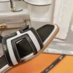 Hermes Women Oran Sandal in Calfskin and H Canvas with Iconic H Cut-Out-Black - Image 8