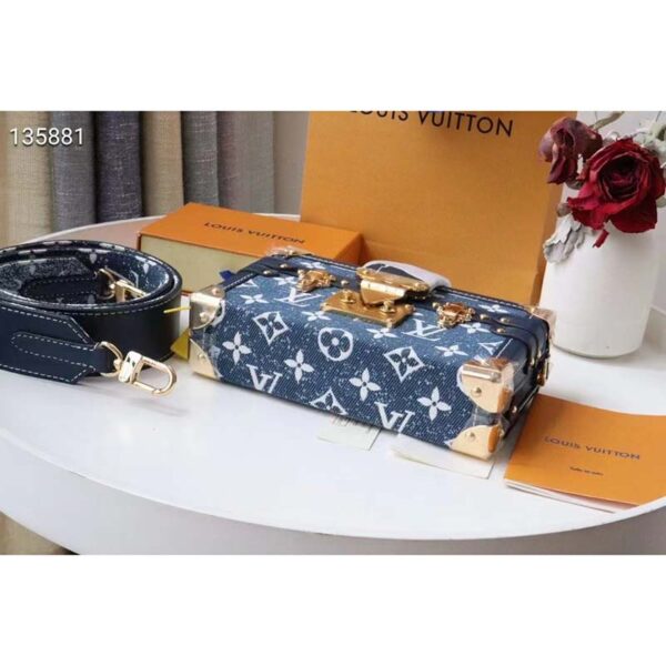 Louis Vuitton LV Unisex Petite Malle Box Handbag Blue Denim Monogram Canvas (10)