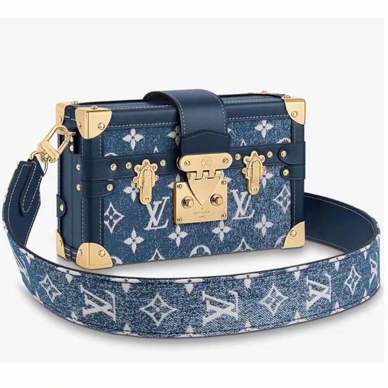 Louis Vuitton LV Unisex Petite Malle Box Handbag Blue Denim Monogram Canvas  - LULUX