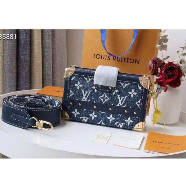 Louis Vuitton LV Unisex Petite Malle Box Handbag Blue Denim Monogram Canvas (5)