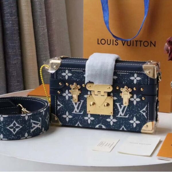 Louis Vuitton LV Unisex Petite Malle Box Handbag Blue Denim Monogram Canvas (7)