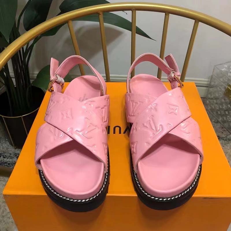 Louis Vuitton LV Women Paseo Flat Comfort Sandal Pink Monogram Embossed Lambskin
