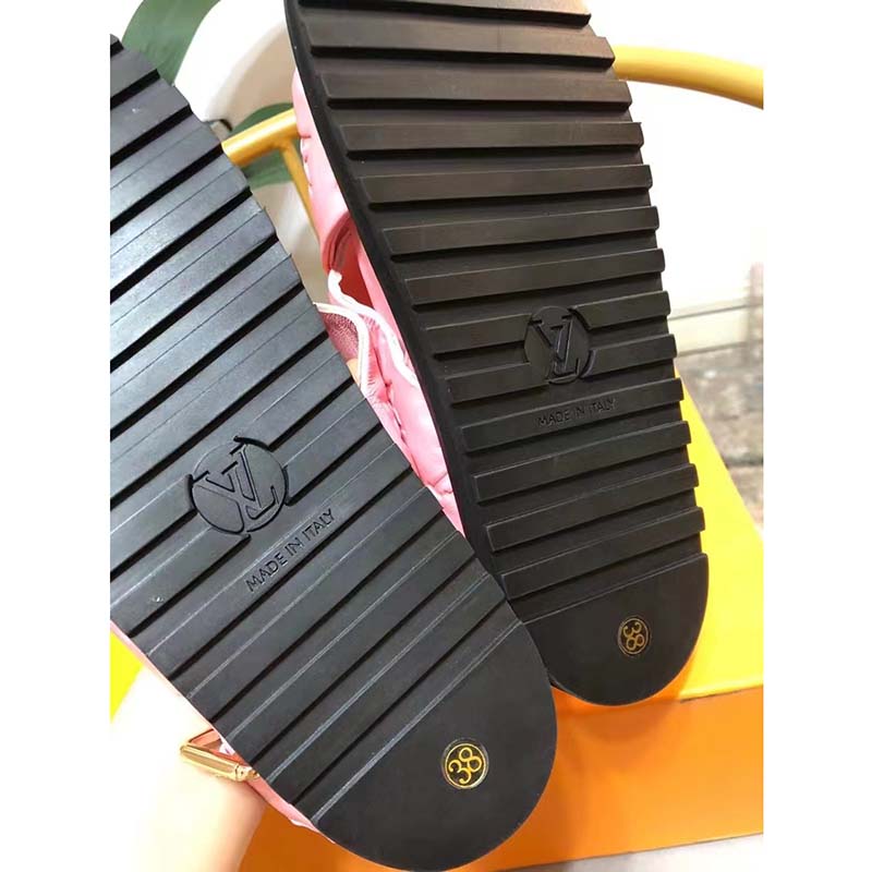 Louis Vuitton LV Women Paseo Flat Comfort Sandal Pink Monogram Embossed Lambskin