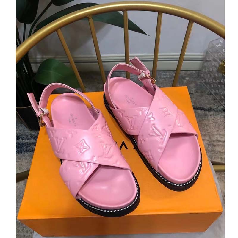 Louis Vuitton LV Women Paseo Flat Comfort Sandal Pink Monogram Embossed Lambskin