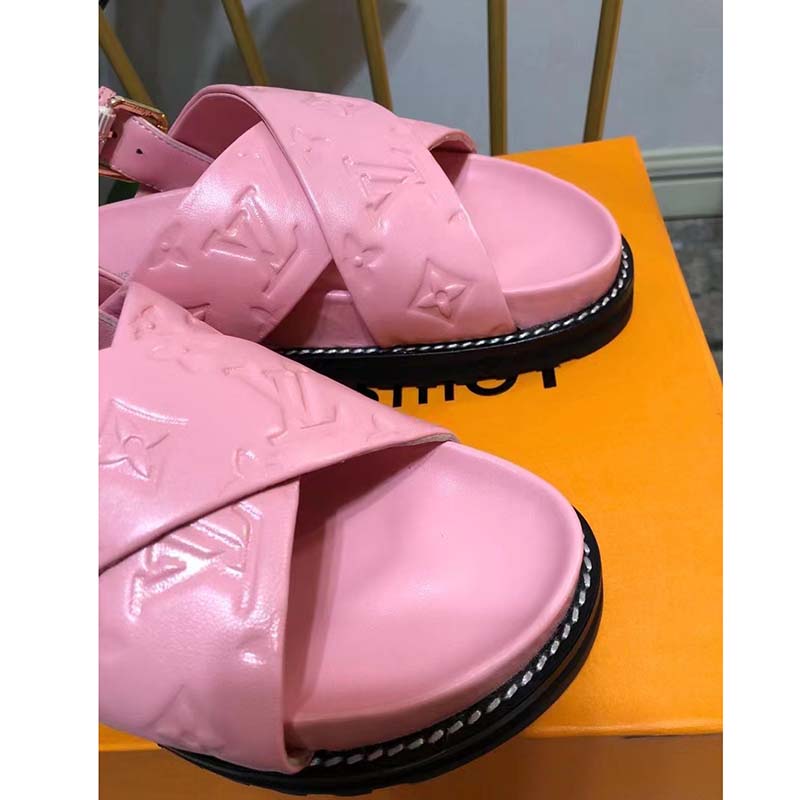 Louis Vuitton LV Women Paseo Flat Comfort Sandal Pink Monogram Embossed Lambskin