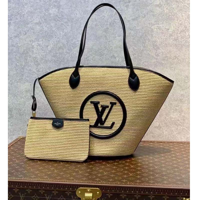 Louis Vuitton Raffia Tote Saint Jacques, Neutral With Black Leather,  Preowned In Box WA001