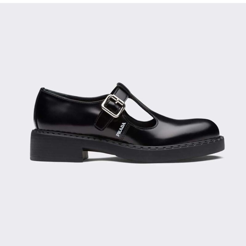 Scarpe Mary Jane con cinturino a T in pelle spazzolata Prada da donna - Nero