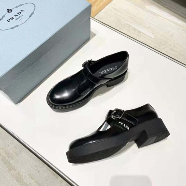 Prada Women Brushed-Leather Mary Jane T-strap Shoes-Black (3)