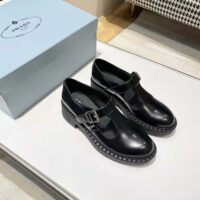 Prada Women Brushed-Leather Mary Jane T-strap Shoes-Black (1)