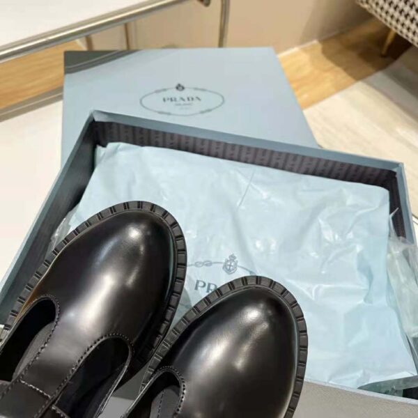 Prada Women Brushed-Leather Mary Jane T-strap Shoes-Black (5)