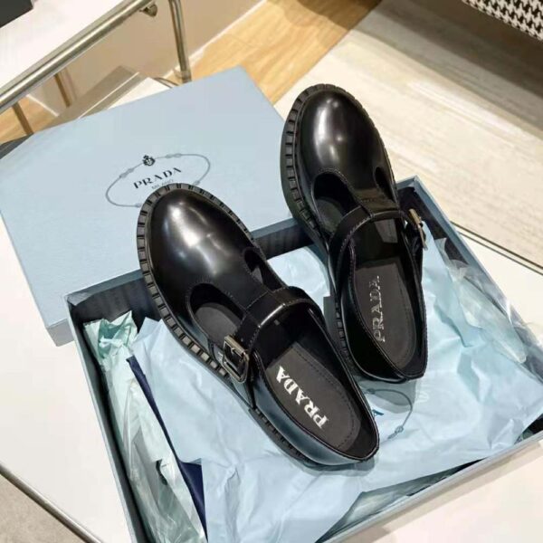 Prada Women Brushed-Leather Mary Jane T-strap Shoes-Black (7)