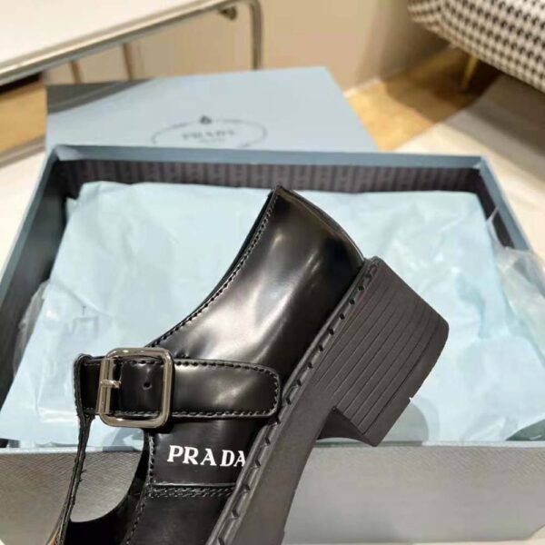 Prada Women Brushed-Leather Mary Jane T-strap Shoes-Black (8)