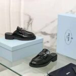 Prada Women Chocolate Brushed Leather Mules-Black - Imagen 3