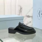 Prada Women Chocolate Brushed Leather Mules-Black - Imagen 4