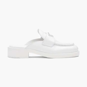 Prada Women Chocolate Brushed Leather Mules-White
