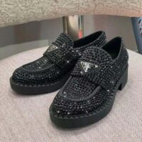 Prada Women Chocolate Satin Loafers with Crystals-Black (1)