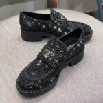 Prada Women Chocolate Satin Loafers with Crystals-Black – Image 3