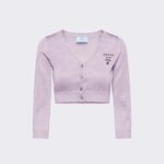 Prada Women Cropped Lurex Cardigan with Intarsia Logo-Purple