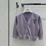 Prada Women Cropped Lurex Cardigan with Intarsia Logo-Purple - Image 2