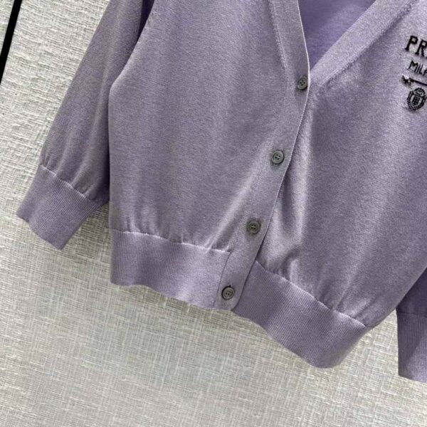 Prada Women Cropped Lurex Cardigan with Intarsia Logo-Purple (6)