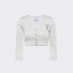 Prada Damen Kurzer Lurex-Cardigan mit Intarsien-Logo – Silber