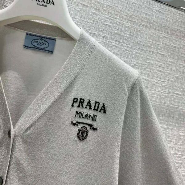 Prada Women Cropped Lurex Cardigan with Intarsia Logo-Silver (6)