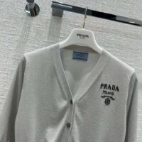 Prada Women Cropped Lurex Cardigan with Intarsia Logo-Silver (1)
