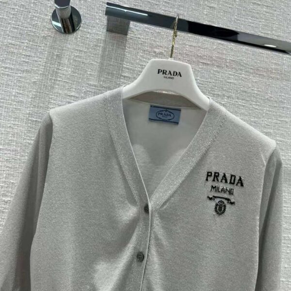 Prada Women Cropped Lurex Cardigan with Intarsia Logo-Silver (7)