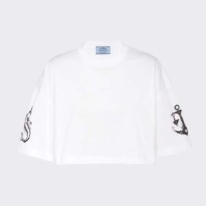 Prada Women Cropped Printed Jersey T-Shirt-White