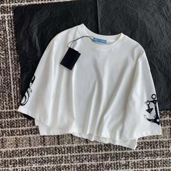 Prada Women Cropped Printed Jersey T-Shirt-White (4)