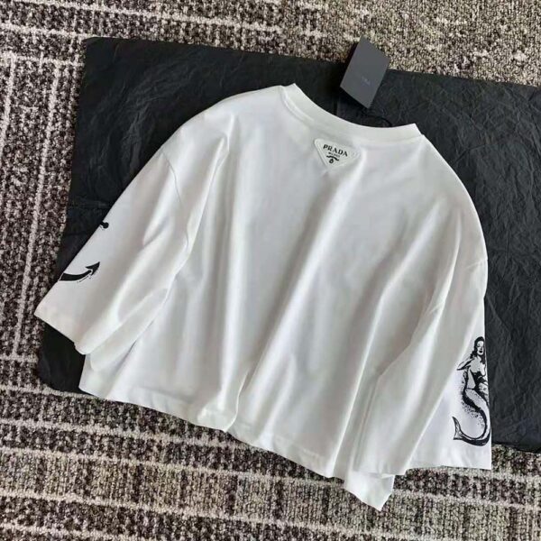 Prada Women Cropped Printed Jersey T-Shirt-White (9)