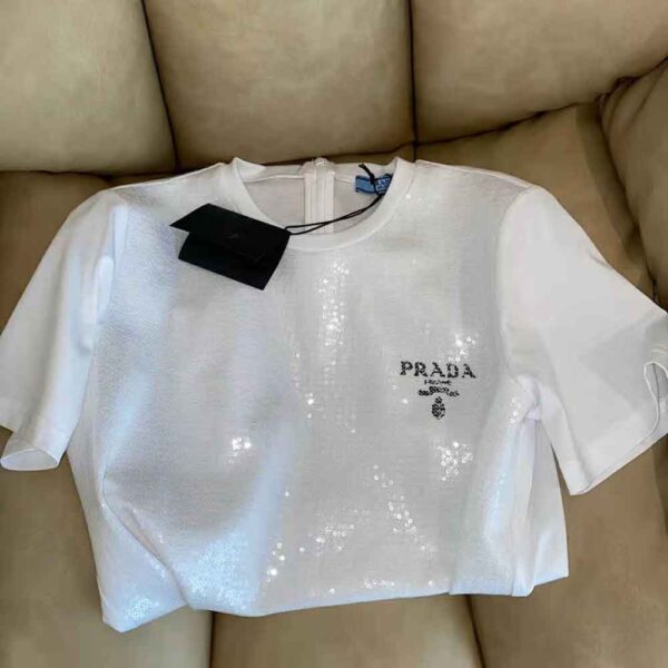 Prada Women Embroidered Cotton T-shirt-White (4)