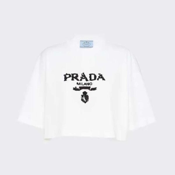 Prada Women Embroidered Interlock Crop T-shirt-White (1)