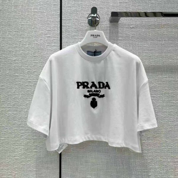 Prada Women Embroidered Interlock Crop T-shirt-White (2)