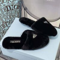 Prada Women Enameled Triangle Logo Accentuates Shearling Sabots (1)