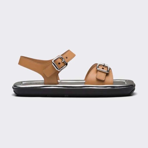 Prada Women Flat Rectangular Leather Sandals-Brown (1)