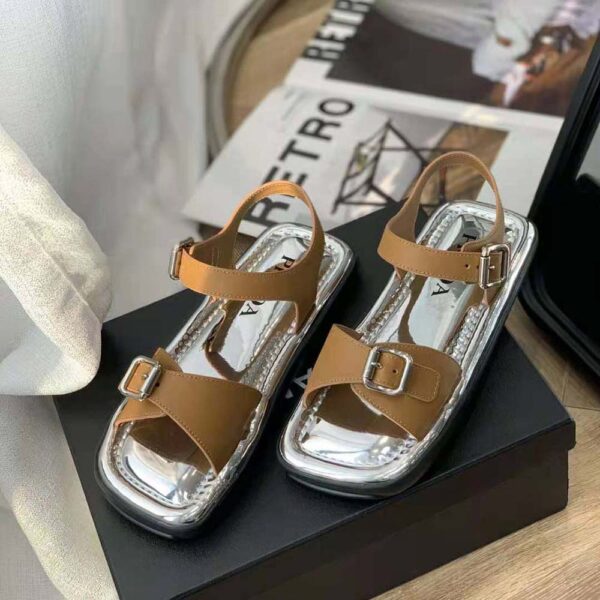 Prada Women Flat Rectangular Leather Sandals-Brown (10)