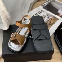 Prada Women Flat Rectangular Leather Sandals-Brown (1)