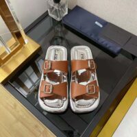 Prada Women Leather Sandals With Metal Buckle on the Upper-Brown (1)