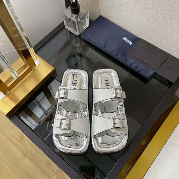 Prada Women Leather Sandals With Metal Buckle on the Upper-Silver (2)