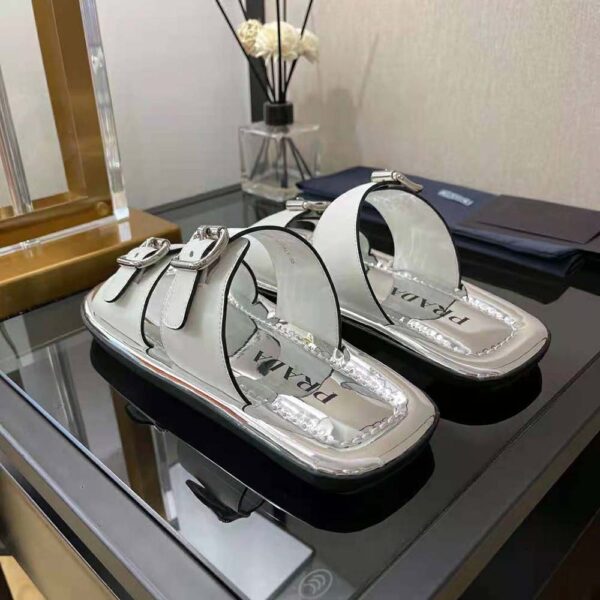 Prada Women Leather Sandals With Metal Buckle on the Upper-Silver (4)
